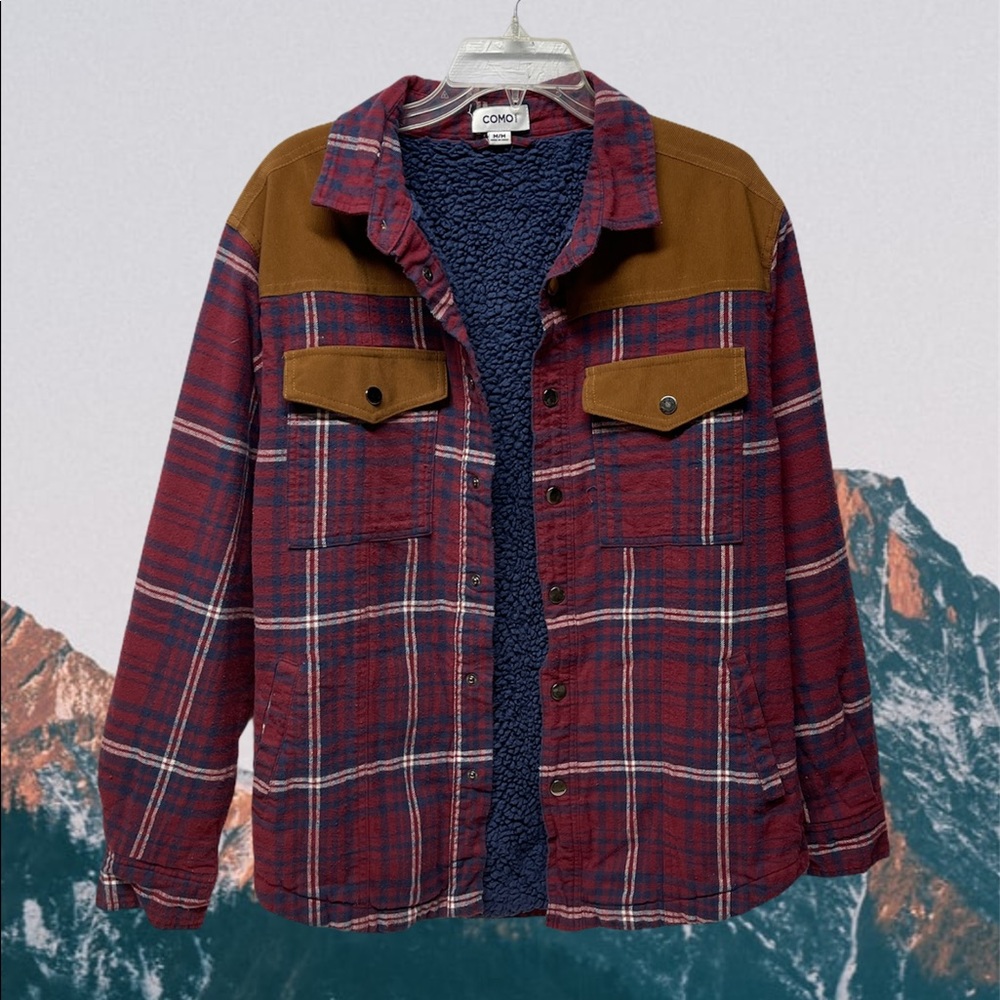 Como Man red plaid corduroy button front shacket - Picture 1 of 7